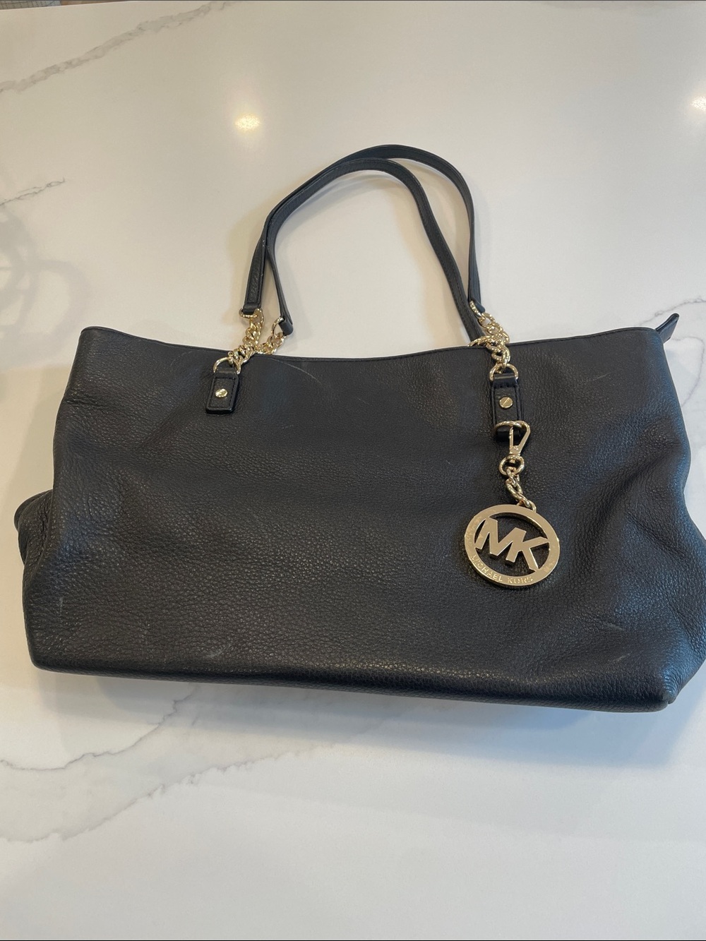 Michael Kors Black Leather Tote with Gold Hardware and MK Charm